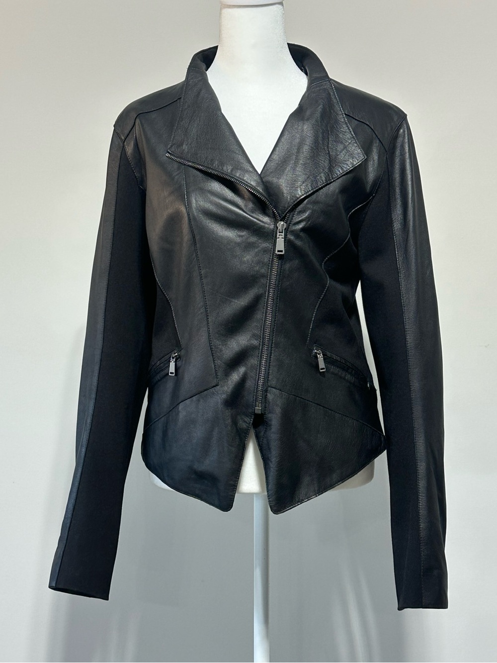 Elie Tahari Black Lamb Leather Mixed Media Moto Jacket Women’s Medium
